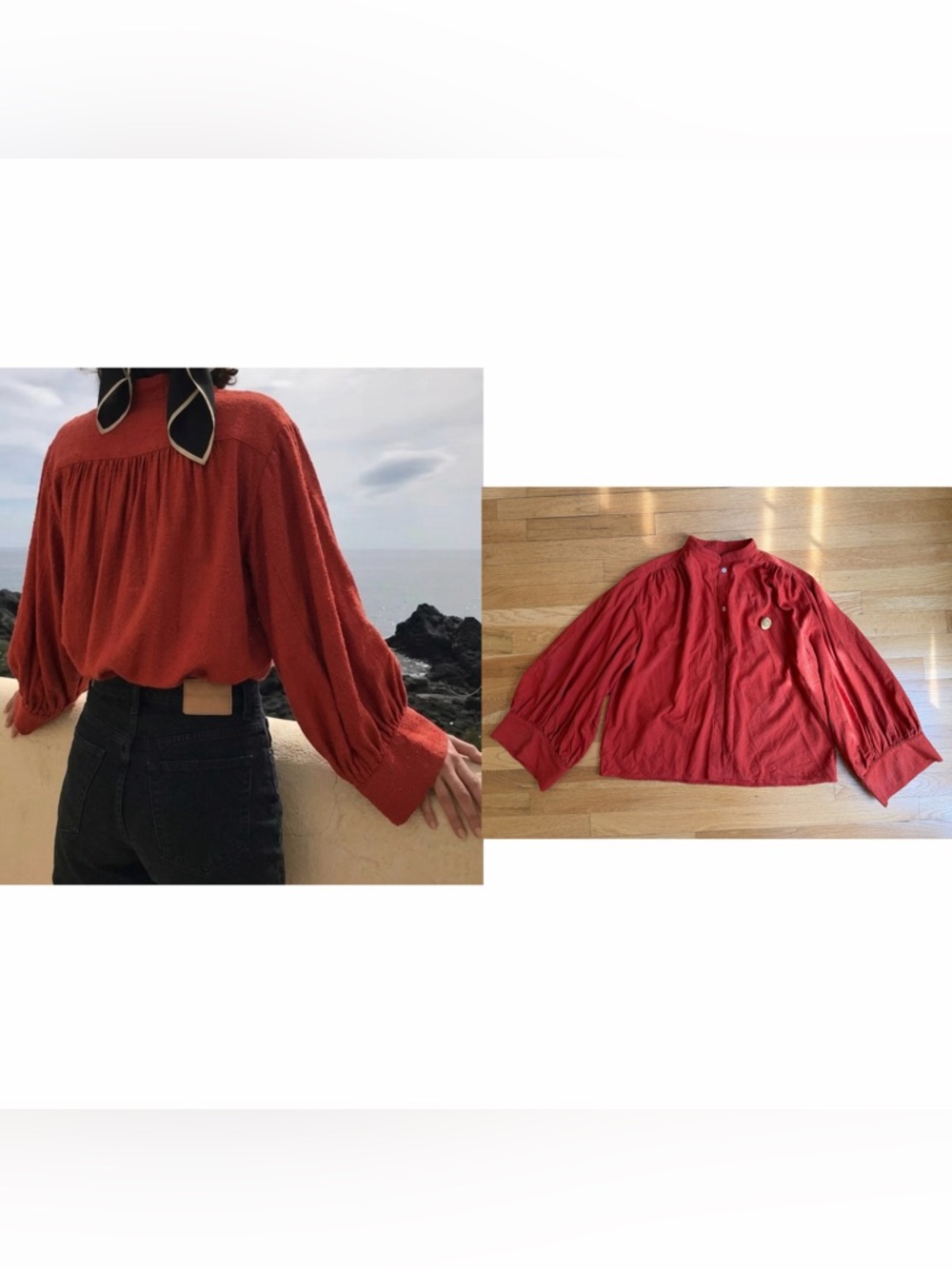 Boutique 100% Wild Tussah Silk Lantern Sleeve Blouse - Tomato Red M